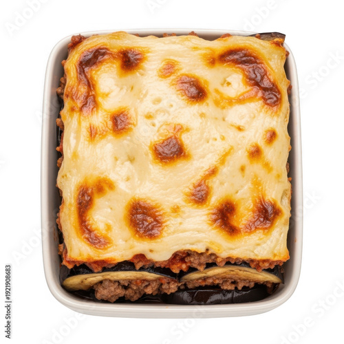 Moussaka dish isolated on white traditional Greek food baked casserole