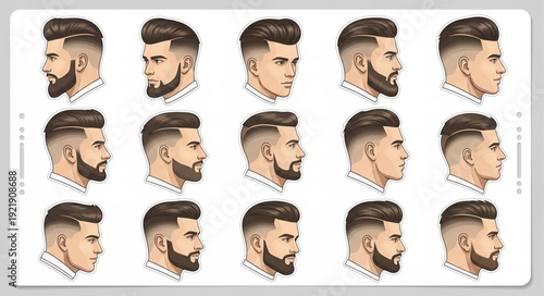 Collection of diverse male hairstyles and beard styles shown in profile.