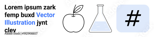 Apple outline, laboratory flask with liquid, and bold metadata tag icon paired with placeholder text. Ideal for education, science, technology, innovation, branding, social media digital learning