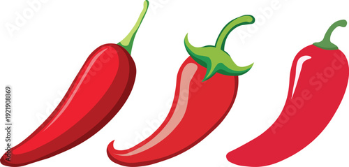 Three red hot chili peppers with green stems isolated on white background vector illustration
