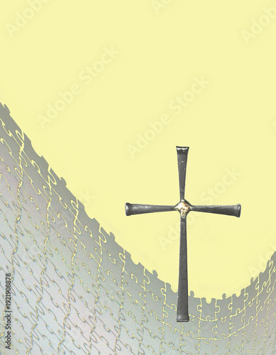 Christian cross signifies Jesus Christ death & empty cross represents his resurrection. Puzzle pieces represent world, earth, disorder & sin. Yellow, gold or blue is bright heaven.
