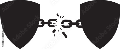 Two opposing shield symbols facing each other with a broken chain link in a modern silhouette style.