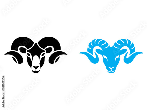 Two ram head silhouettes one black and one blue facing forward