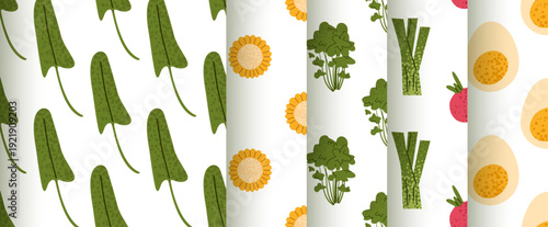 Set of seamless organic food patterns featuring leafy greens, flowers, leek, radish and eggs. Fresh farm surface design collection for packaging and textile.