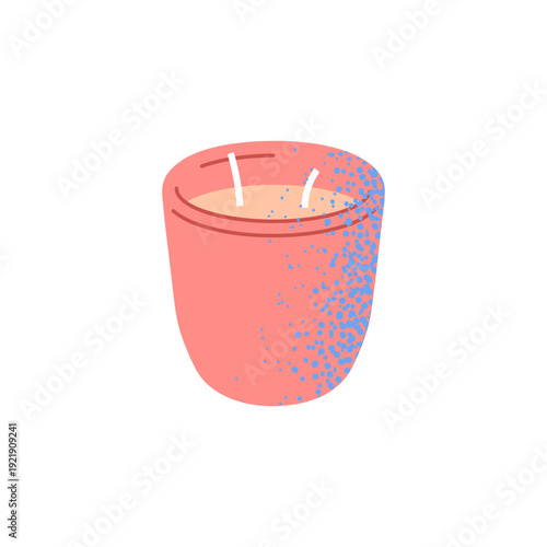 Illustration of a stylized candle in a glass container with two visible wicks and decorative speckled detail. The candle is the only element.