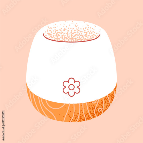 Illustration of a steam aroma diffuser with rounded shape and layered body. The device features a textured top, orange base and small flower sign on the front.