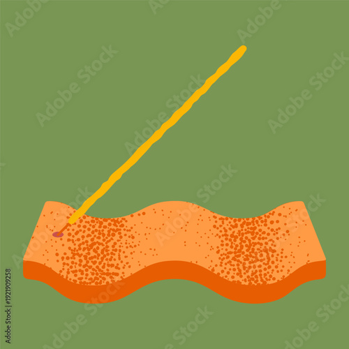 Illustration of an incense stick placed in a wavy holder. The base has textured detail and layered shape. Focus on aroma ritual and calm atmosphere.