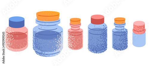 Illustration set of glass bottles and jars with different shapes and caps. Each container includes visible liquid and textured detail.