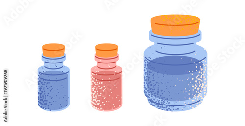 Illustration of three glass bottles with orange caps in different sizes. Each container shows visible liquid and textured detail.