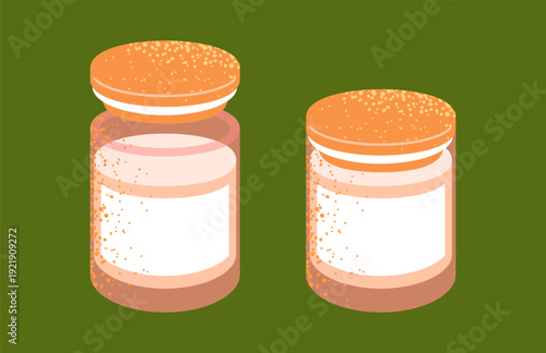 Illustration of two glass jars with orange caps and blank labels. The containers include visible liquid and textured detail on the surface.