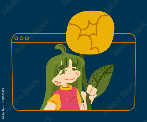 Girl character holding a leaf inside a browser frame. Speech bubble with star icon represents idea and creativity in a digital context.