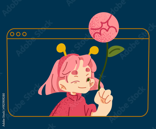 Winking girl character holding a flower inside a browser frame. Speech bubble with star icon represents idea and creativity in a digital setting.