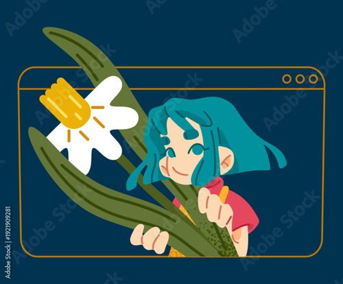 Girl character holding a white and yellow flower inside a browser frame. Portrait illustration blending nature element and digital interface concept.