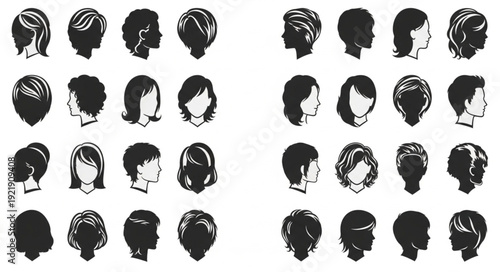 Collection of diverse hairstyles in silhouette profiles.