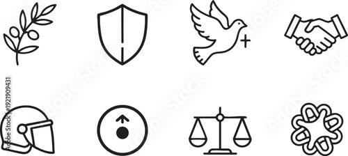 Set of eight clean line art icons representing peace and defense symbols in black outlines.