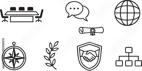 A set of eight minimalist black line art icons representing diplomacy and negotiation on white.