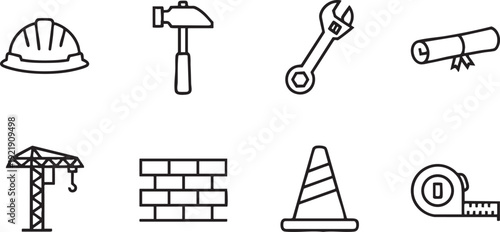 Set of eight black line art construction and building icons isolated on a white background.