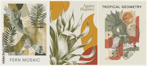 Triptych of modern botanical illustrations with abstract shapes in muted earthy tones, featuring ferns, agave, and tropical leaves for stylish contemporary wall art.
