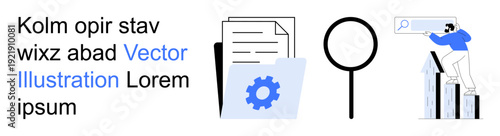 Business strategy, analytics, document management, data search, growth tracking, and process optimization. Papers, gear magnifier man and chart. Business analysis and analytics illustration