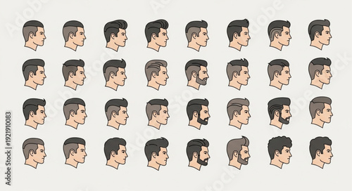 Collection of Diverse Male Hairstyles and Beard Styles in Profile View.