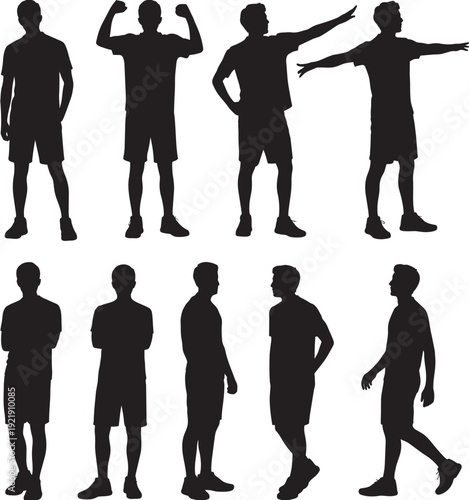 Silhouettes of men posing in various athletic stances and actions