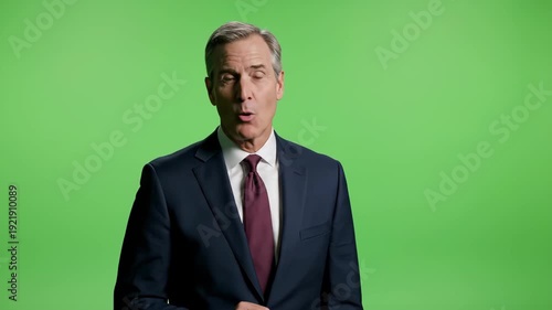 Mature Businessman Gesturing and Smiling in Front of Green Screen