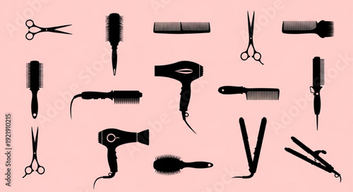 Collection of hairdressing tools and accessories silhouette.