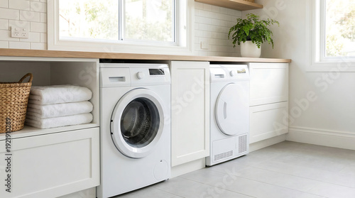 Modern laundry room with washing machine and dryer in a clean white environment from a frontal viewpoint