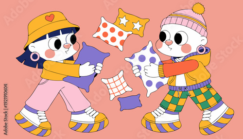Cute, quirky cartoon kids in colorful, retro-inspired outfits having a pillow fight amidst a collection of patterned cushions. Modern, playful illustration style.