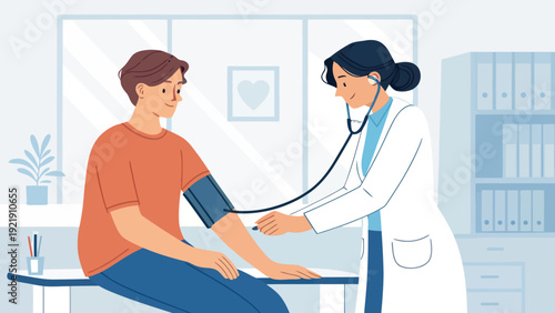 Doctor checks patient's blood pressure with a stethoscope in a medical office, flat illustration in a calm, modern style.