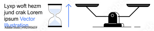 Time management, decision-making, justice, balance, equality, efficiency. ion of an hourglass and a weight scale. Time management and justice with clear