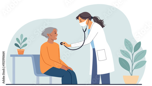 Elderly patient has a medical check-up with a doctor using a stethoscope in a cozy clinic setting, flat illustration.