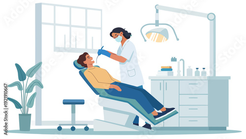 Dentist examining patient's teeth in a modern dental clinic, illustration in a flat vector style with light blue and green accents.