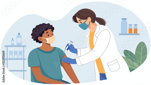 Doctor gives a vaccine shot to a young person in a medical setting, flat vector illustration promoting health and safety.