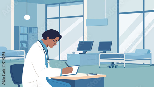 Doctor sitting at a desk writing on a tablet in a clean, modern hospital room with beds and computers, flat illustration.