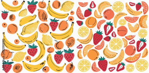 Vibrant illustration of assorted fresh fruits including bananas strawberries oranges and more on atransparent background
