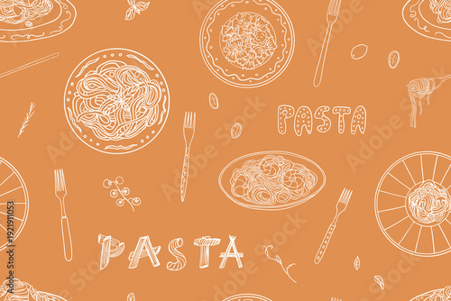 Seamless pattern of pasta in a plate with a fork. Pasta of different shapes. Italian Food. Hand drawn.	