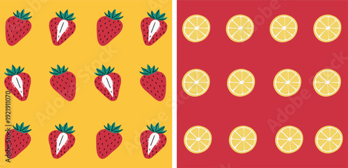 Vibrant illustration of strawberries and lemons on contrasting yellow and red backgrounds