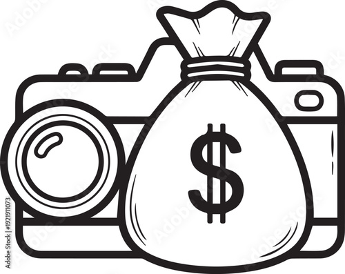 Camera with money bag icon for photography business profit concept