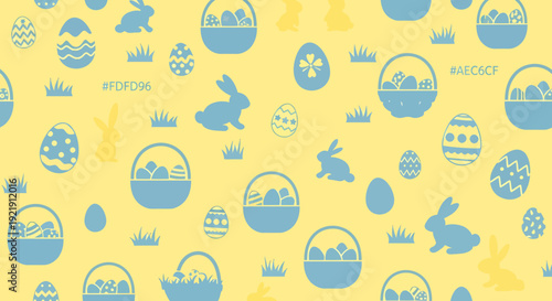 Blue Easter Icons on Yellow Background.