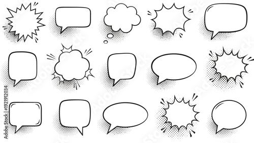 A collection of blank comic book speech bubbles featuring halftone dot shadows on white background