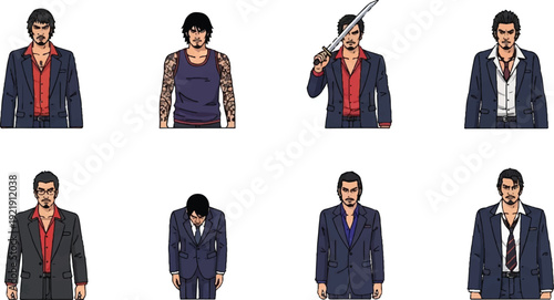 Male figures in various poses and attire isolated on white