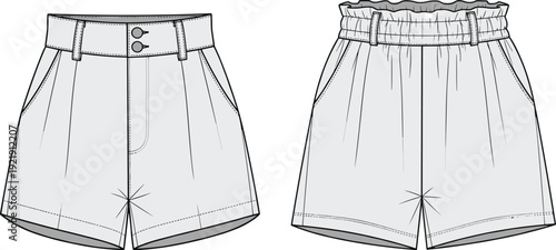 Women high waisted and paperbag waist shorts collection cad drawing flat vector illustration technical fashion sketch for casual apparel design