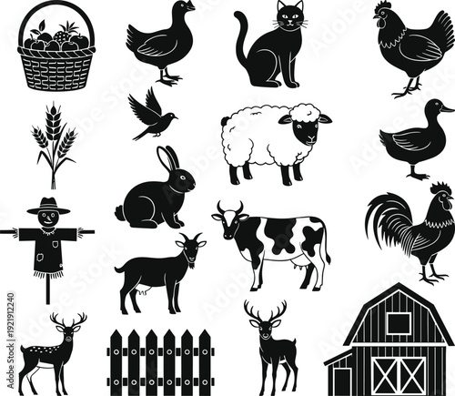 Black and white farm icons set including cow sheep goat chicken rabbit cat barn scarecrow and deer for agriculture concept