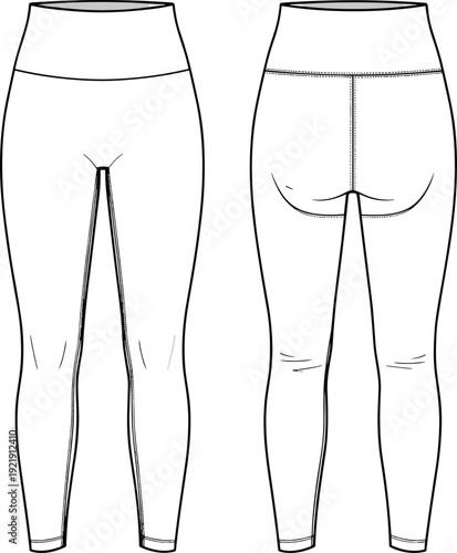 Women high waisted leggings cad drawing flat vector illustration technical fashion sketch front and back view for activewear clothing design