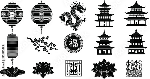 Black and white Chinese traditional icons set with dragon lanterns pagoda buildings lotus flowers cherry blossom and oriental decorative cultural symbols