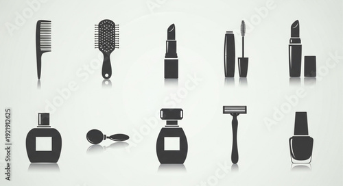 Collection of beauty and personal care icons in silhouette.