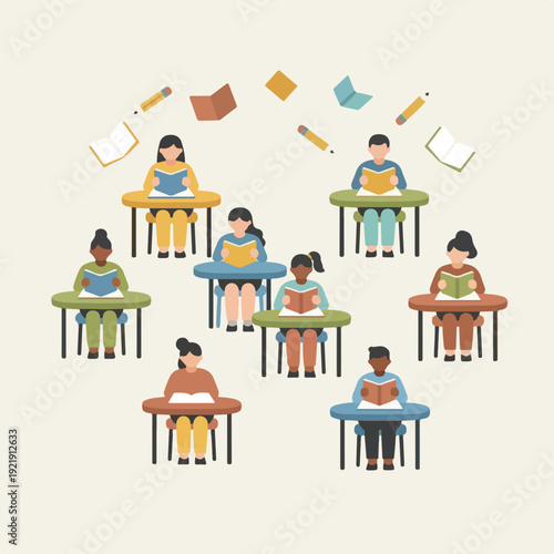 Diverse students sit at individual desks, engrossed in reading books, surrounded by floating school supplies, symbolizing a focused learning environment.