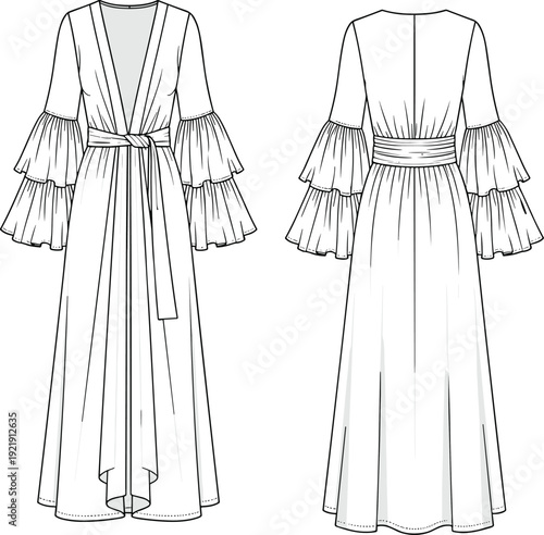 Technical CAD drawing flat vector illustration of a long sleeve maxi robe with tiered ruffle sleeves and belted waist.