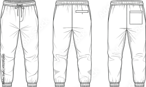 Technical CAD drawing flat vector illustration of a blank white jogger sweatpants with elastic waistband, drawstring, and side pockets, template.